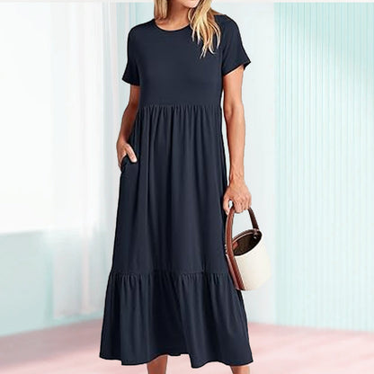 👗49% Rabatt🫧 Plissiertes Kleid mit Rundhalsausschnitt und einfarbiger Farbe für Damen