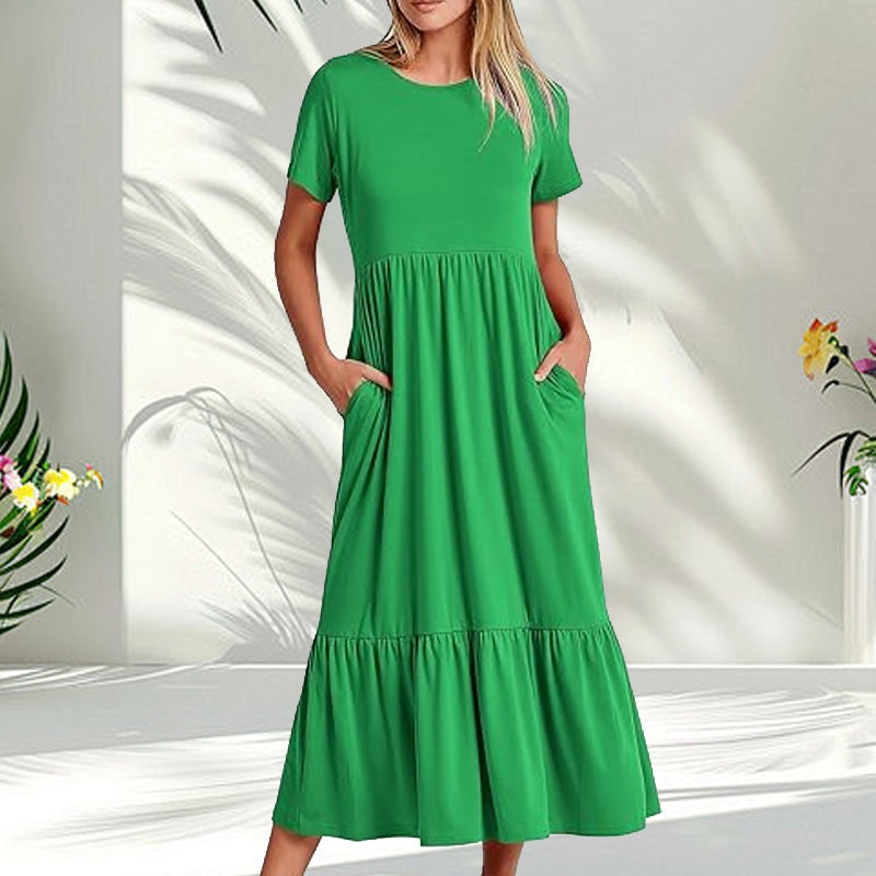 👗49% Rabatt🫧 Plissiertes Kleid mit Rundhalsausschnitt und einfarbiger Farbe für Damen