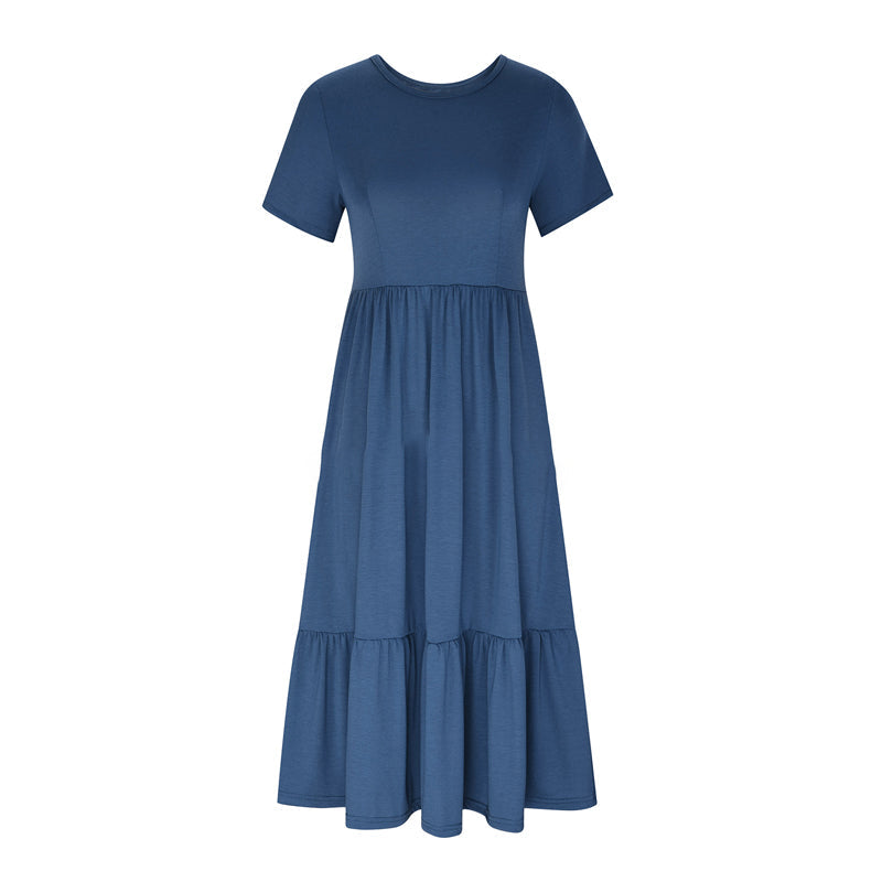 👗49% Rabatt🫧 Plissiertes Kleid mit Rundhalsausschnitt und einfarbiger Farbe für Damen