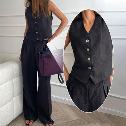 Lässiges 2-teiliges Set für Damen, ärmellose Weste mit V-Ausschnitt und Hose mit weitem Bein