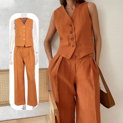 Lässiges 2-teiliges Set für Damen, ärmellose Weste mit V-Ausschnitt und Hose mit weitem Bein