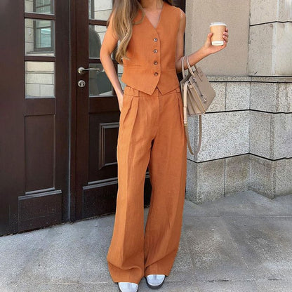 Lässiges 2-teiliges Set für Damen, ärmellose Weste mit V-Ausschnitt und Hose mit weitem Bein