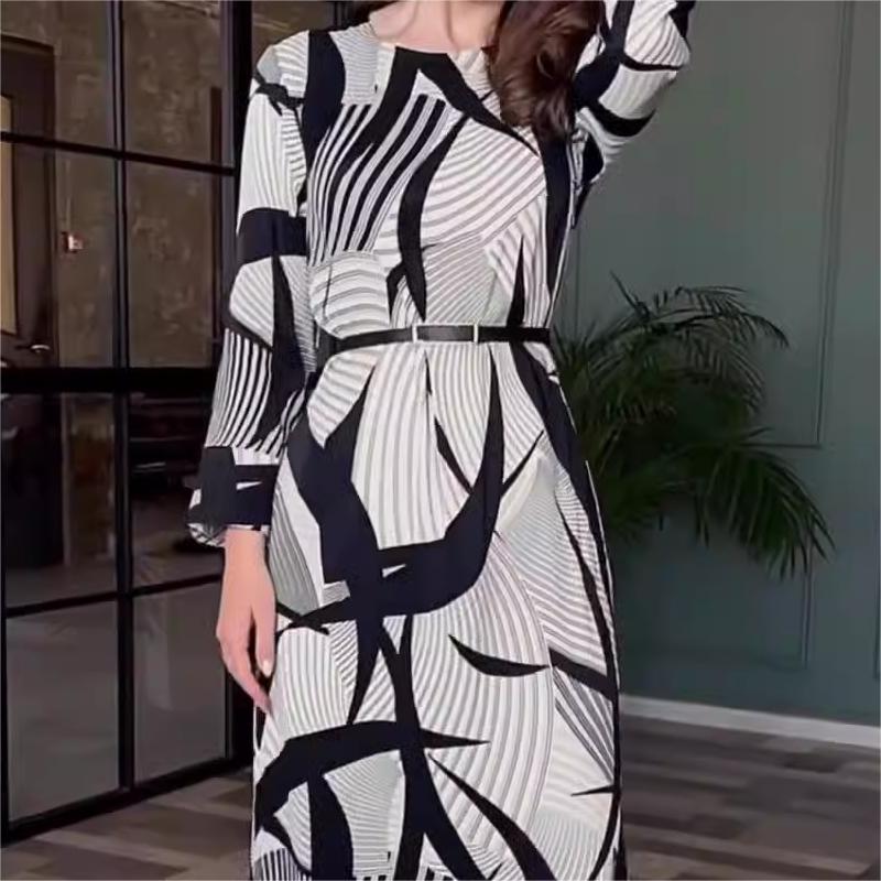 💕Aktuelle Modelle Elegantes Stretch Kleid, Rundhalsausschnitt Design, mit Gürtel