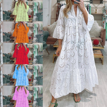 🧩49% Rabatt 🎄Baumwollkleid mit V-Ausschnitt und weiten Ärmeln mit Stickerei