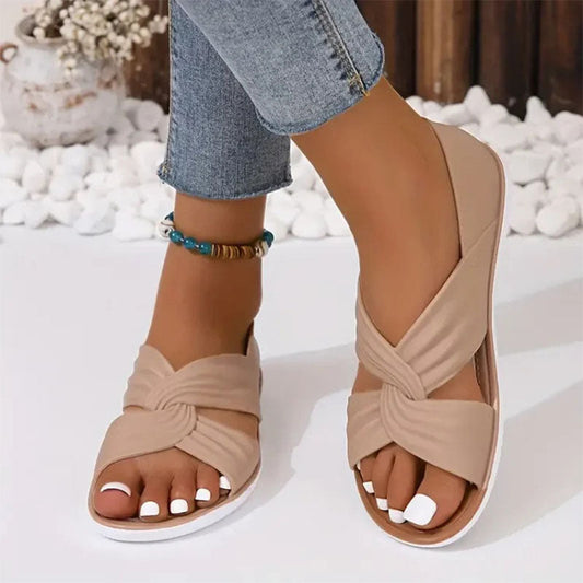 Bequeme, einfarbige, flache Sandalen mit Fliege