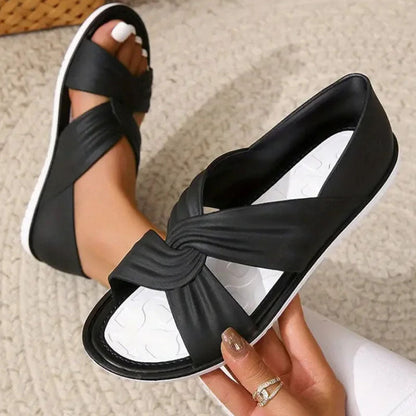 Bequeme, einfarbige, flache Sandalen mit Fliege