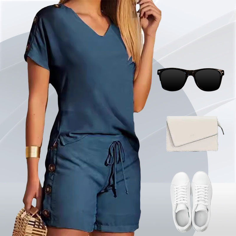 🥻49% Rabatt🩳 Lässige zweiteilige Outfits für Damen: Einfarbiges Oberteil mit V-Ausschnitt und Shorts