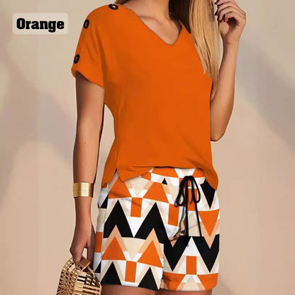🥻49% Rabatt🩳 Lässige zweiteilige Outfits für Damen: Einfarbiges Oberteil mit V-Ausschnitt und Shorts