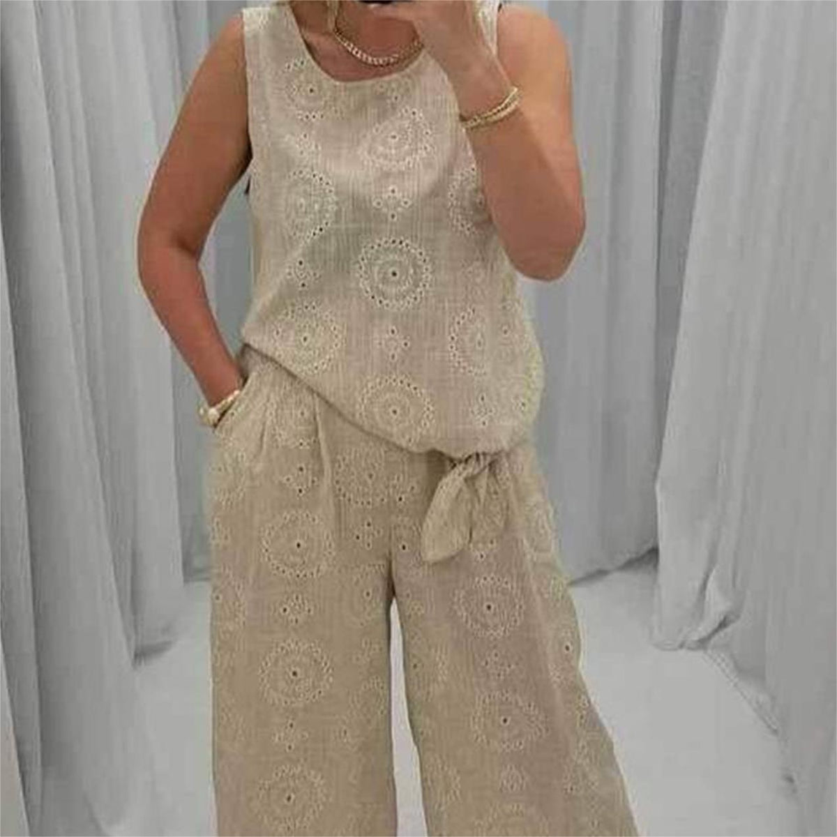 😜49% Rabatt 😽Lässiges 2-teiliges Set aus ärmellosem Oberteil und Hose mit weitem Bein