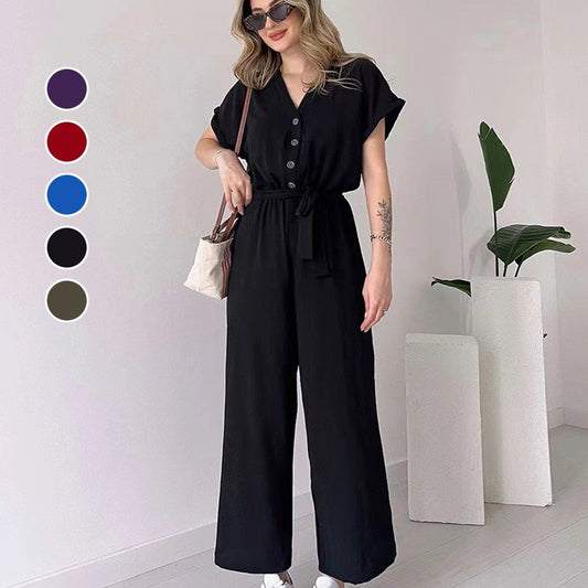 💥50% Rabatt🌷Lässiger Jumpsuit mit V-Ausschnitt und kurzen Ärmeln für Damen