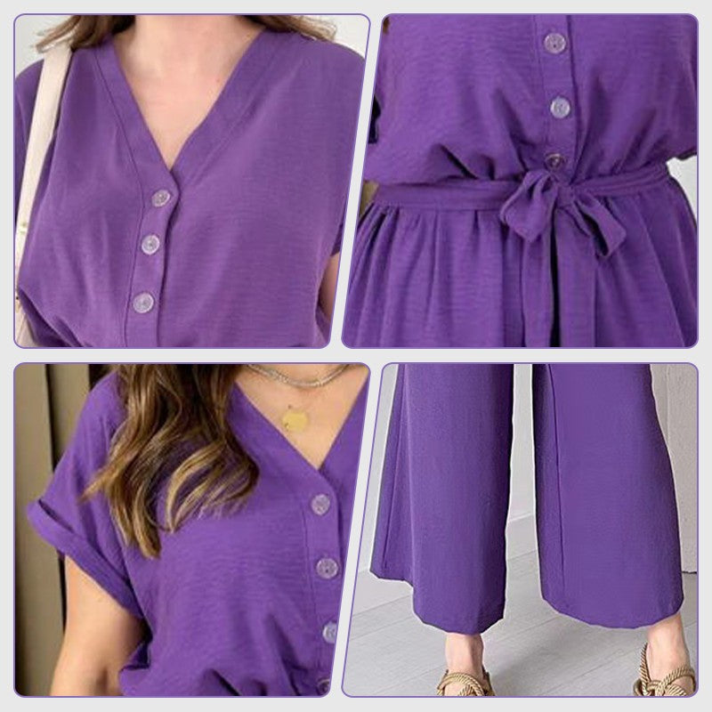 💥50% Rabatt🌷Lässiger Jumpsuit mit V-Ausschnitt und kurzen Ärmeln für Damen