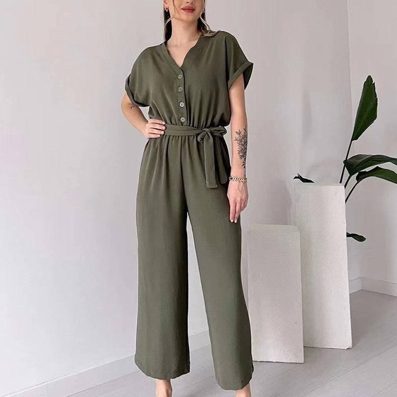 💥50% Rabatt🌷Lässiger Jumpsuit mit V-Ausschnitt und kurzen Ärmeln für Damen