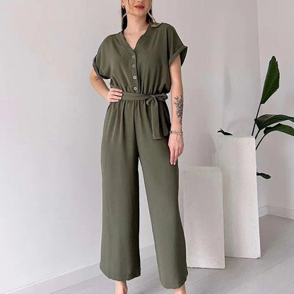 💥50% Rabatt🌷Lässiger Jumpsuit mit V-Ausschnitt und kurzen Ärmeln für Damen