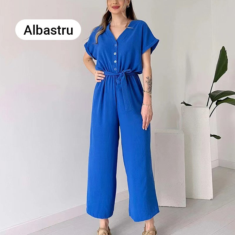 💥50% Rabatt🌷Lässiger Jumpsuit mit V-Ausschnitt und kurzen Ärmeln für Damen