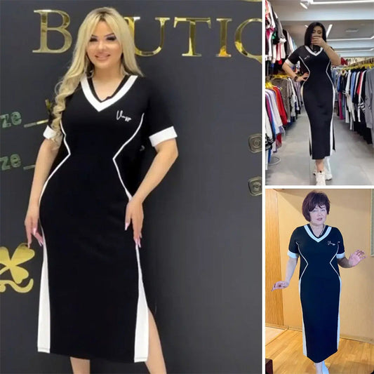 Trendy gestreiftes Slim Fit-Kleid mit V-Ausschnitt für Damen