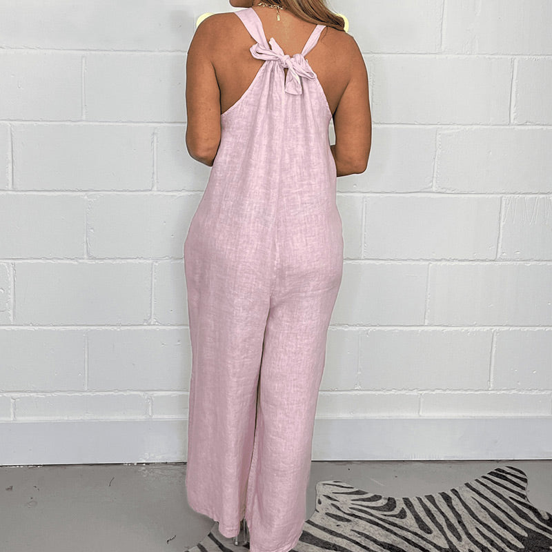 Ärmelloser Jumpsuit mit V-Ausschnitt und weitem Bein und langen Hosen