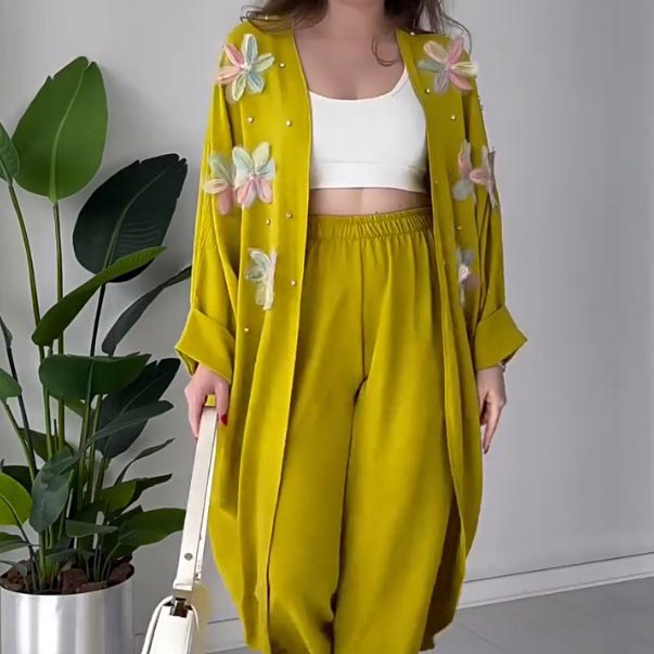 👗49% Rabatt🌸Damen Casual Zarte Blume Lange Strickjacke und Hose Set