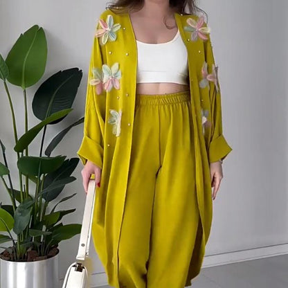 👗49% Rabatt🌸Damen Casual Zarte Blume Lange Strickjacke und Hose Set