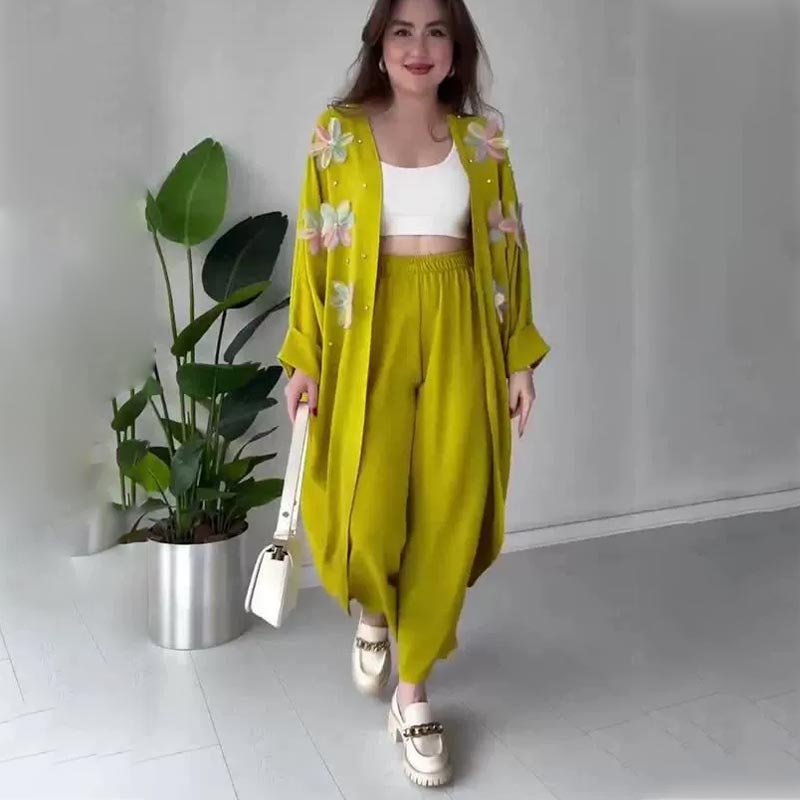 👗49% Rabatt🌸Damen Casual Zarte Blume Lange Strickjacke und Hose Set