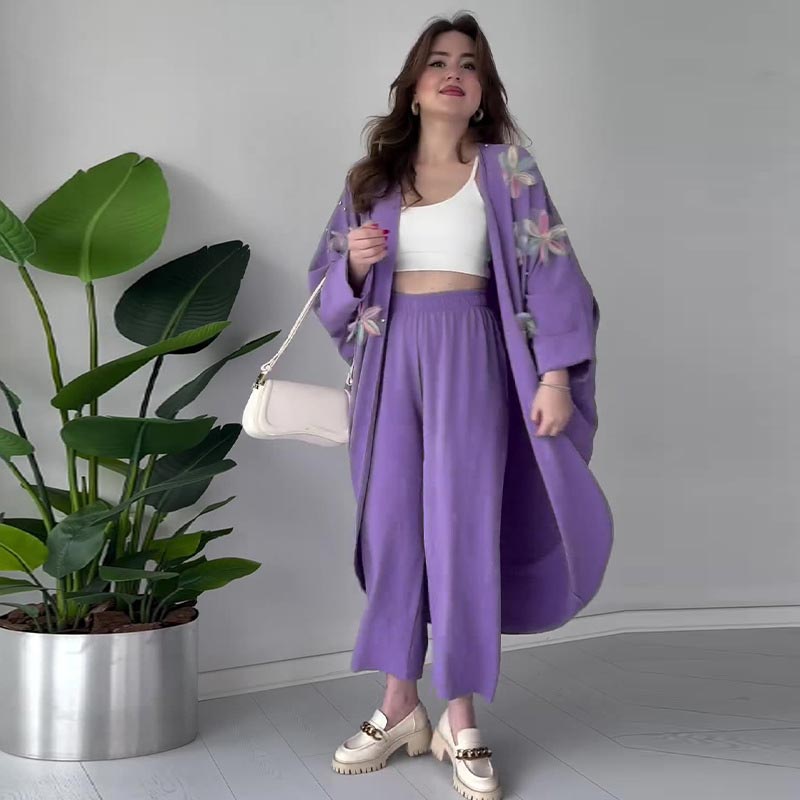 👗49% Rabatt🌸Damen Casual Zarte Blume Lange Strickjacke und Hose Set