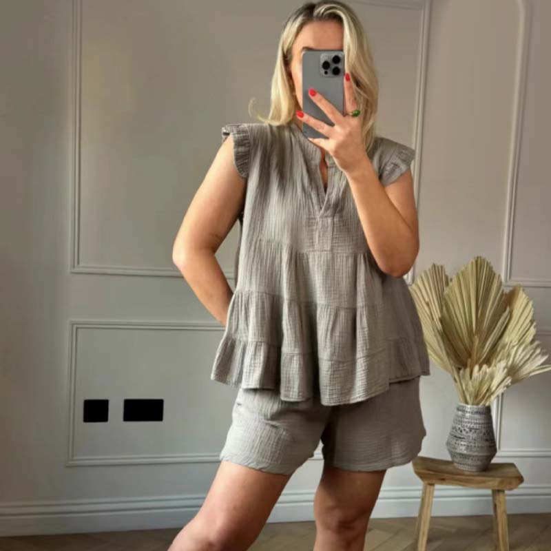 Damen-Set aus Shorts und Top mit Rüschen aus Käsetuch
