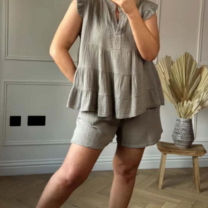 Damen-Set aus Shorts und Top mit Rüschen aus Käsetuch