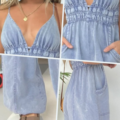 Denim-Jumpsuit mit tiefem V-Ausschnitt für Damen