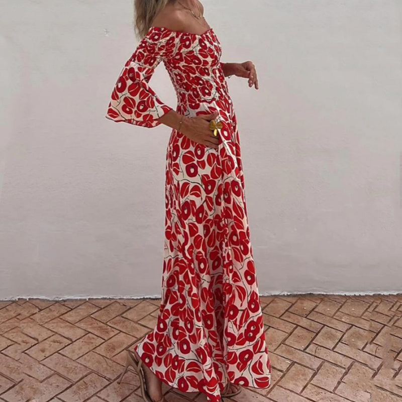 Langes Kleid mit Blumenmuster, offenen Schultern und ausgestellten Ärmeln