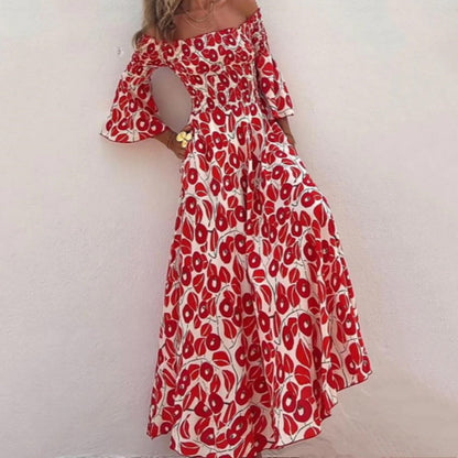Langes Kleid mit Blumenmuster, offenen Schultern und ausgestellten Ärmeln