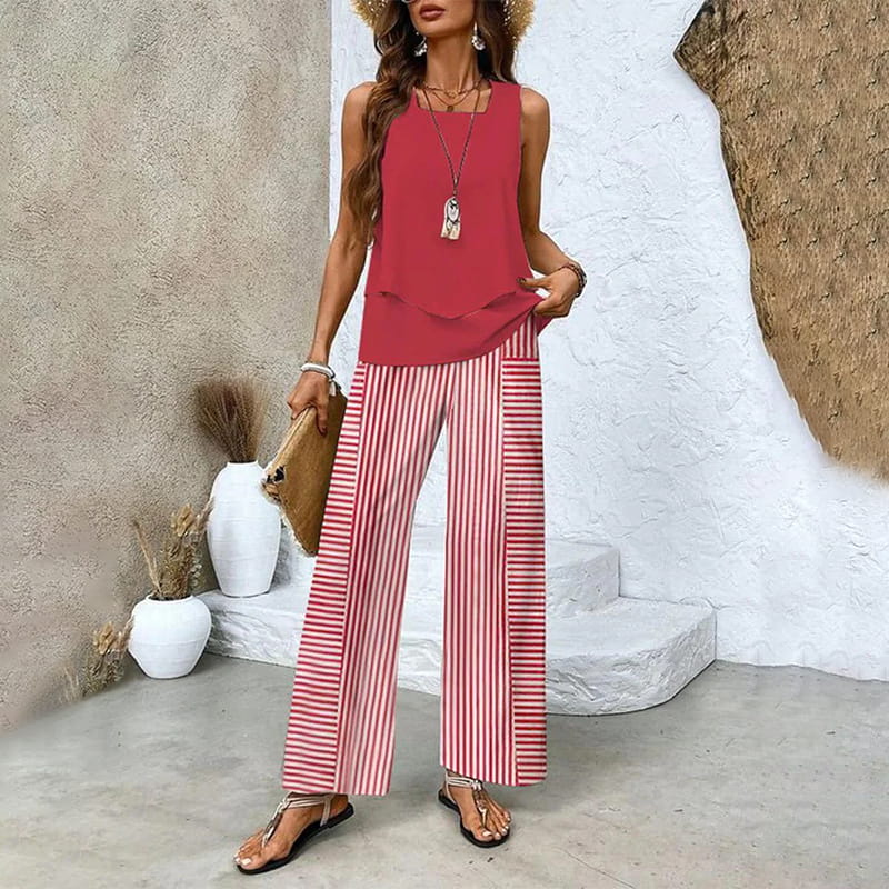 Modischer, bedruckter zweiteiliger Damen-Outfit mit ärmellosem Oberteil & Hose