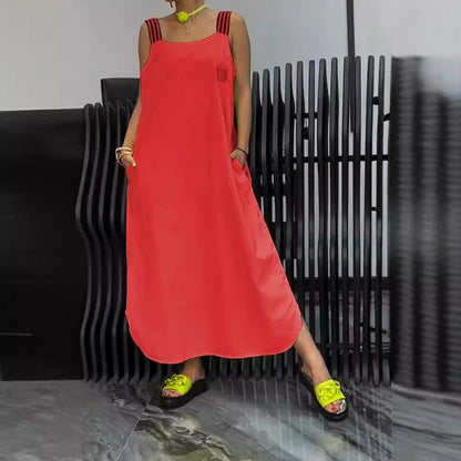 Kleid mit quadratischem Ausschnitt, gestreiften Trägern und Taschen