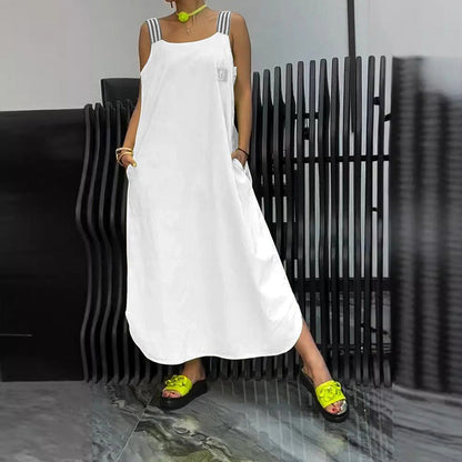 Kleid mit quadratischem Ausschnitt, gestreiften Trägern und Taschen