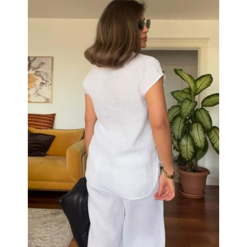 💥Zeitlich begrenzt 66 % RABATT 💕Stilvolles 2-teiliges Set aus kurzärmligem Leinen-Baumwoll-Hemd und Hose mit weitem Bein
