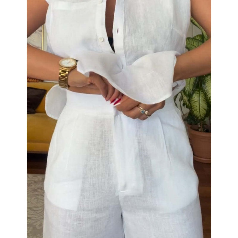 💥Zeitlich begrenzt 66 % RABATT 💕Stilvolles 2-teiliges Set aus kurzärmligem Leinen-Baumwoll-Hemd und Hose mit weitem Bein