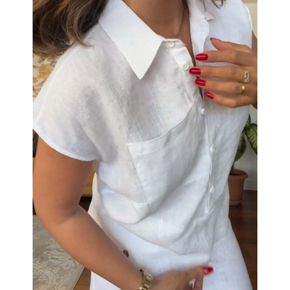 💥Zeitlich begrenzt 66 % RABATT 💕Stilvolles 2-teiliges Set aus kurzärmligem Leinen-Baumwoll-Hemd und Hose mit weitem Bein