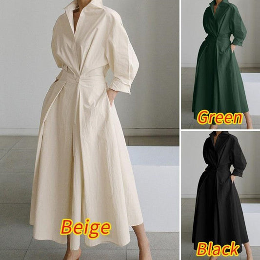 Einfarbiges Hemdkleid mit Revers aus Baumwolle für Damen