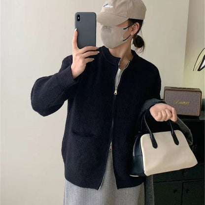 Damen gestrickt runden Hals Doppel -Reißverschlussmantel