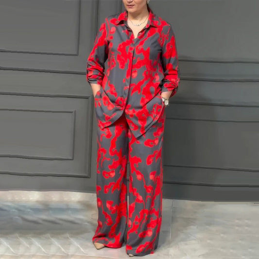 Bedrucktes 2-teiliges Outfit für Damen: Hemd mit Knopfleiste & Hose