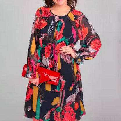 💃Langärmeliges, leichtes Kleid mit Rundhalsausschnitt und Blumenmuster