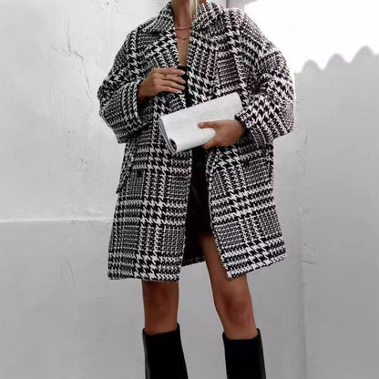 Damen Klassisch Kariert Muster Lose Lässige Jacke Mantel