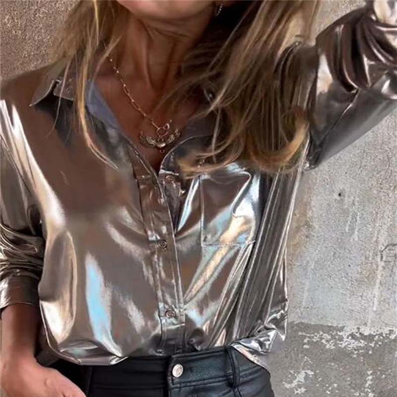 💕Heiße Neuankömmlinge✨Metallisch glitzerndes Damenhemd mit Knopfleiste