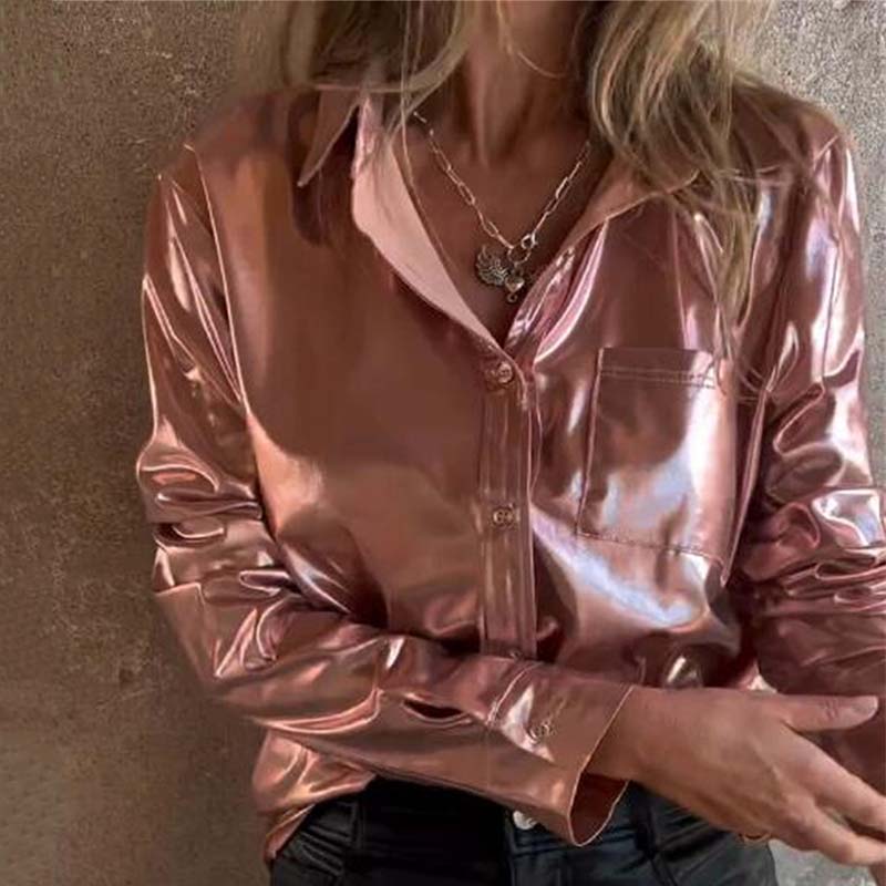 💕Heiße Neuankömmlinge✨Metallisch glitzerndes Damenhemd mit Knopfleiste