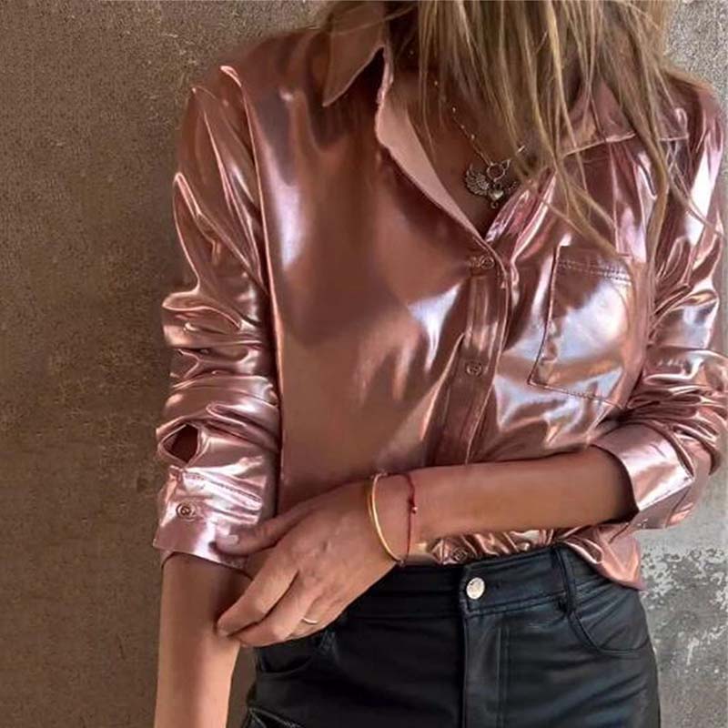 💕Heiße Neuankömmlinge✨Metallisch glitzerndes Damenhemd mit Knopfleiste