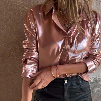 💕Heiße Neuankömmlinge✨Metallisch glitzerndes Damenhemd mit Knopfleiste