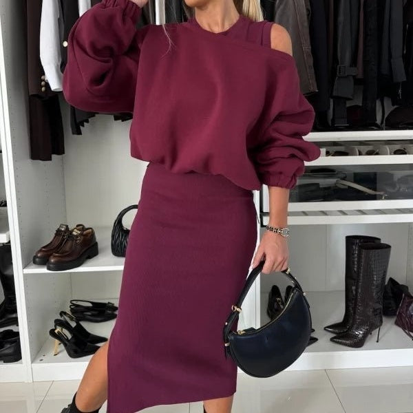 💖2025 Neue Mode – 50 % Rabatt🍂Damen-Set mit Sweatshirt mit schrägen Schultern und ärmellosem Kleid