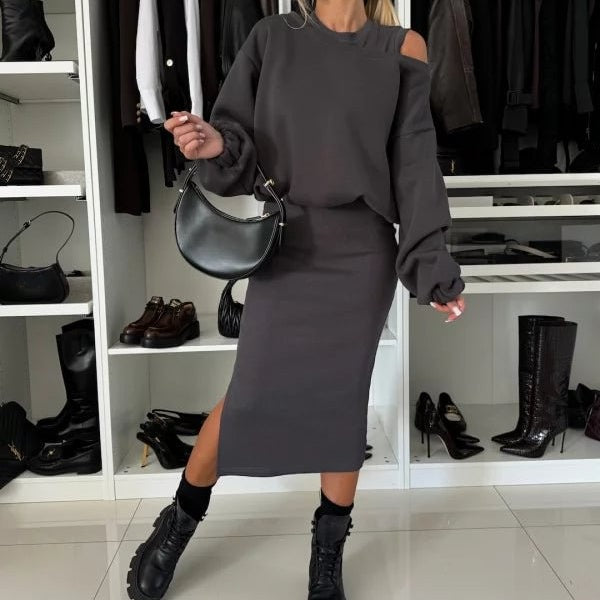 💖2025 Neue Mode – 50 % Rabatt🍂Damen-Set mit Sweatshirt mit schrägen Schultern und ärmellosem Kleid