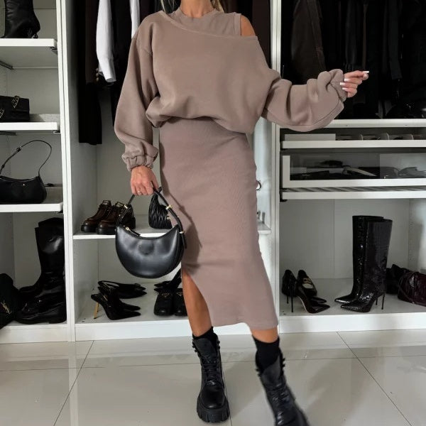 💖2025 Neue Mode – 50 % Rabatt🍂Damen-Set mit Sweatshirt mit schrägen Schultern und ärmellosem Kleid