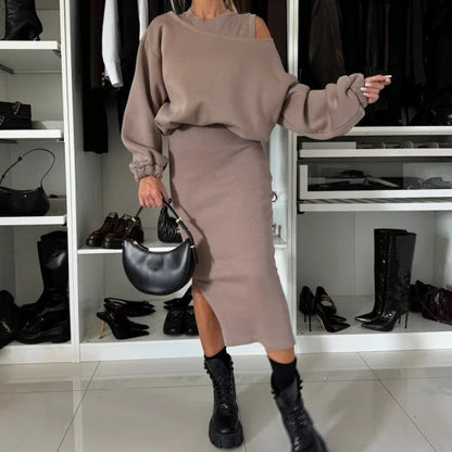 💖2025 Neue Mode – 50 % Rabatt🍂Damen-Set mit Sweatshirt mit schrägen Schultern und ärmellosem Kleid
