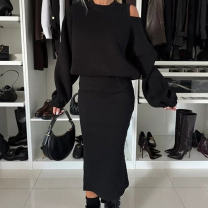 💖2025 Neue Mode – 50 % Rabatt🍂Damen-Set mit Sweatshirt mit schrägen Schultern und ärmellosem Kleid