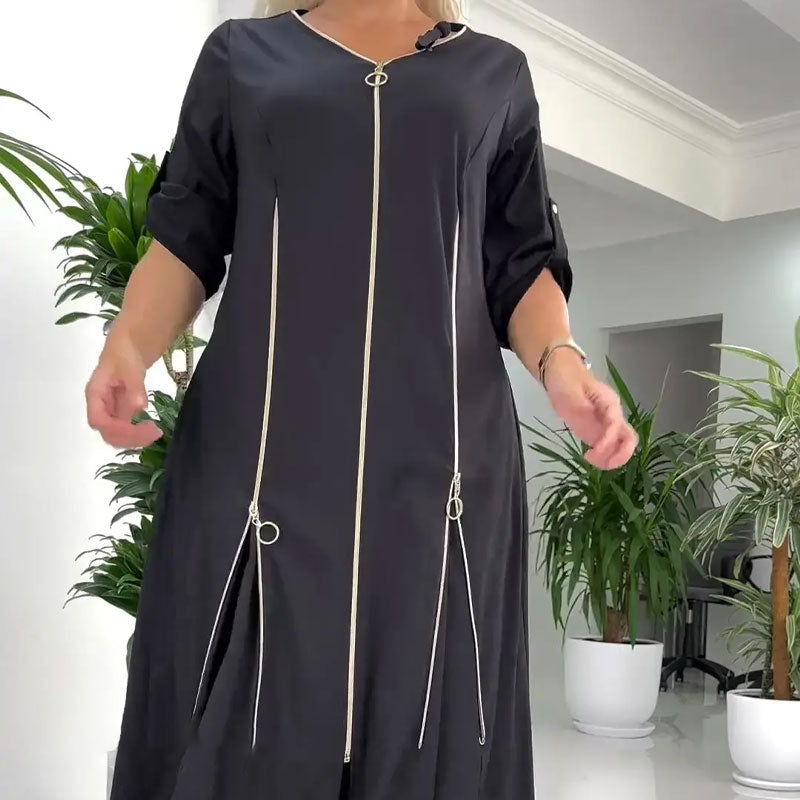 Modisches langes Kleid mit Reißverschluss auf der Vorderseite